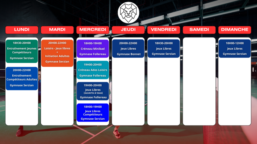 Planning des entrainements du Badminton Club Belfortain